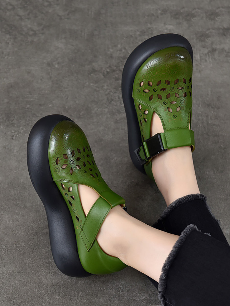 Hollow Out Leather Platform Genuine Casual Women Summer Shoes