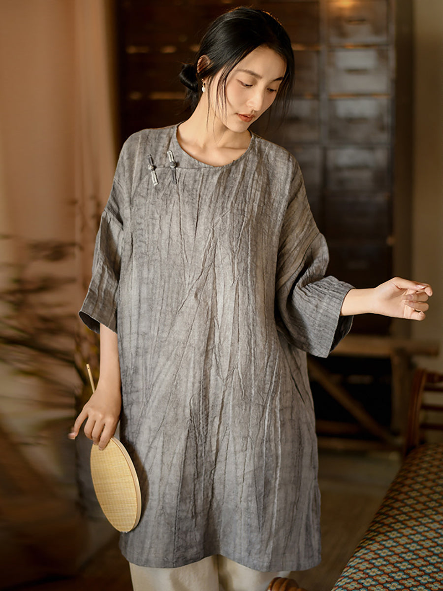 Women Summer Vintage Solid Loose Linen Short Dress II1008