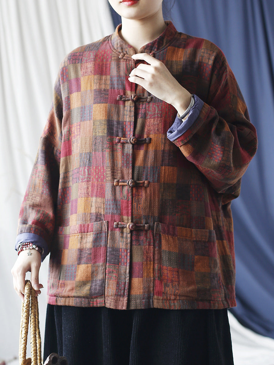 Women Vintage Spring Plaid Cotton Shirt Coat RR001