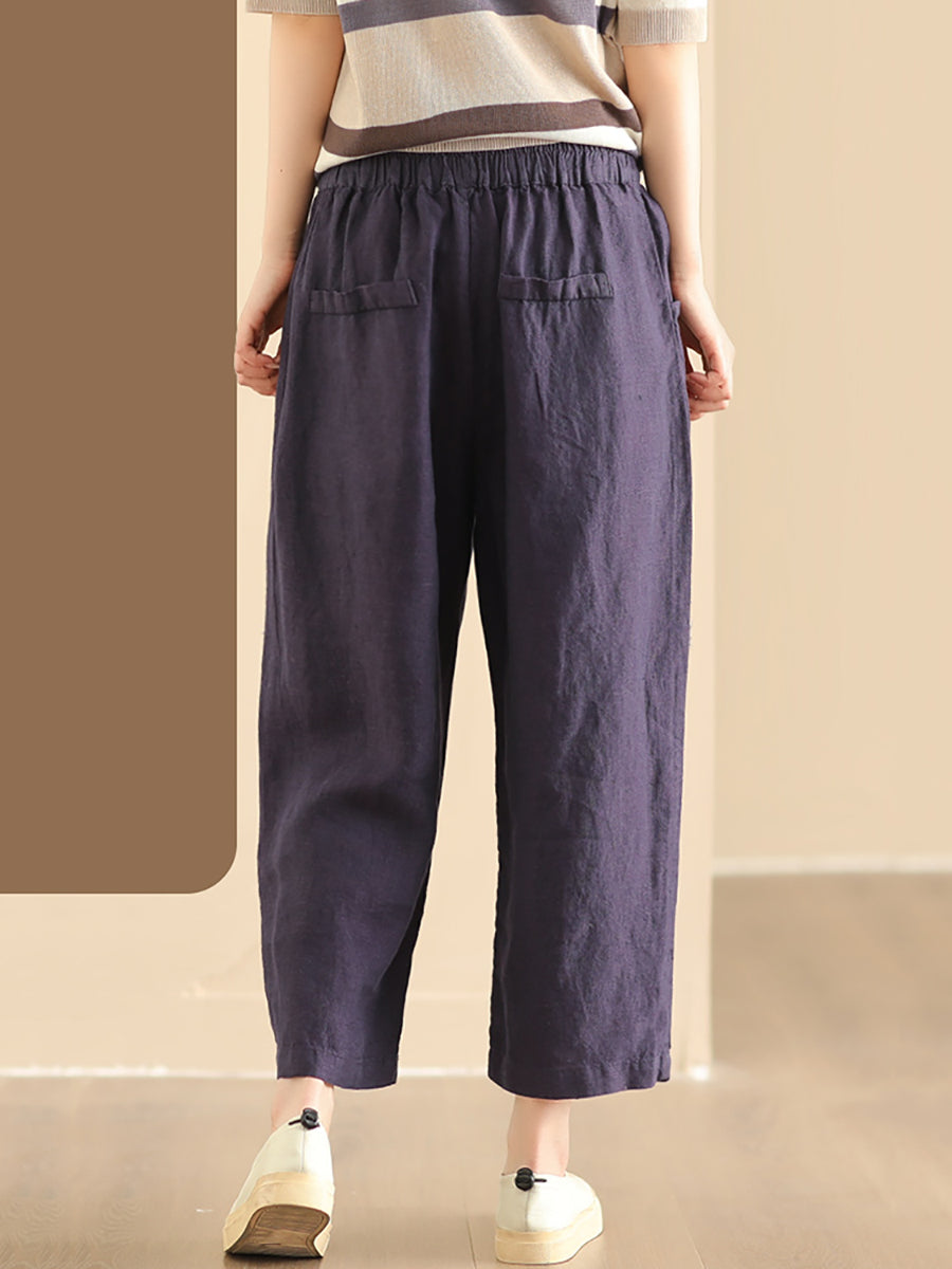 Women Summer Vintage Solid Linen Wide-leg Pants AA1017