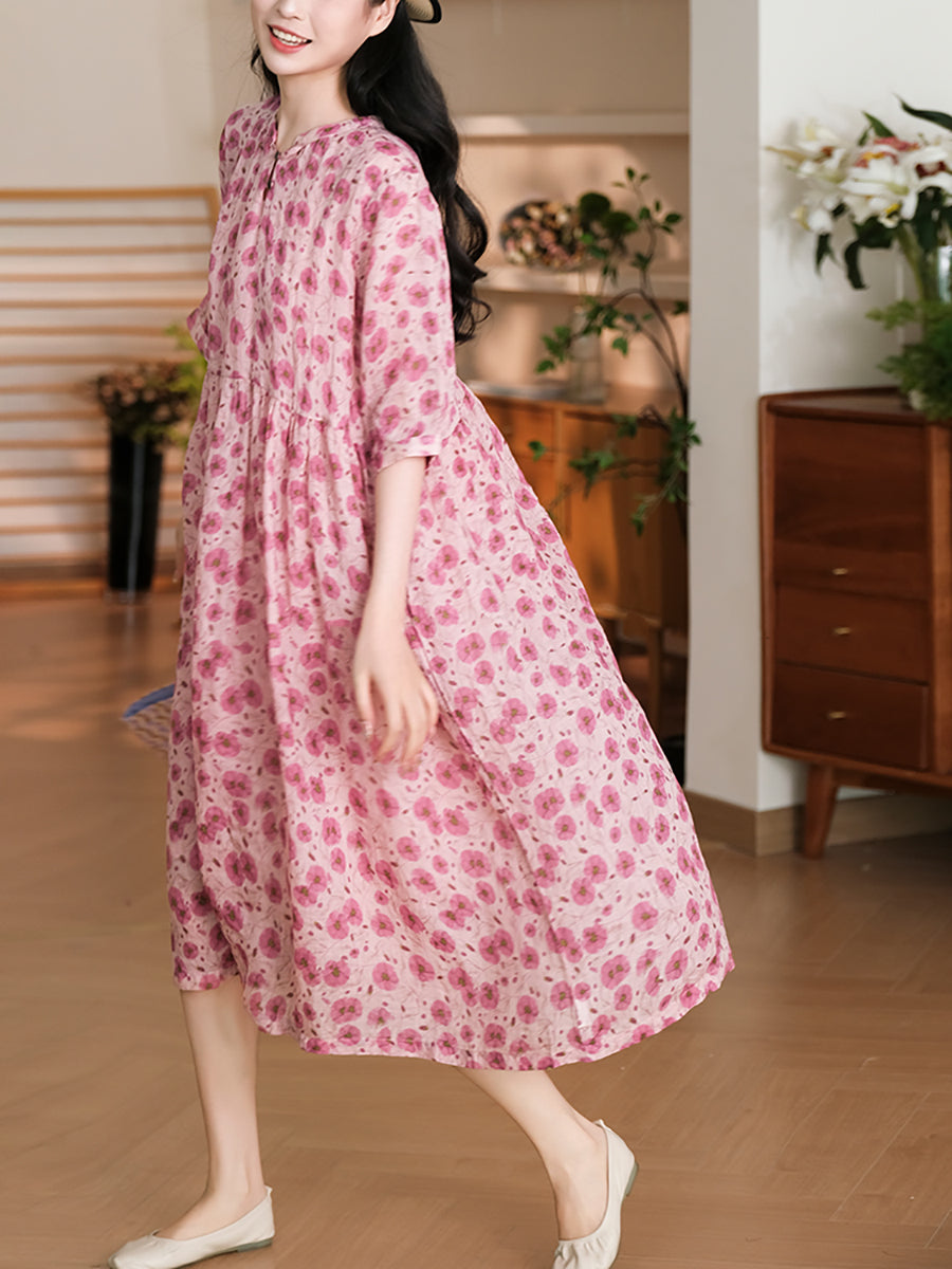 Women Summer Artsy Floral A-Shape Loose Ramie Dress OO1042