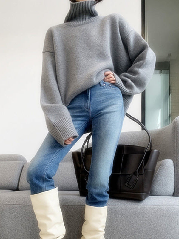 Casual Grey High-Neck Long Sleeve Sweater QX016