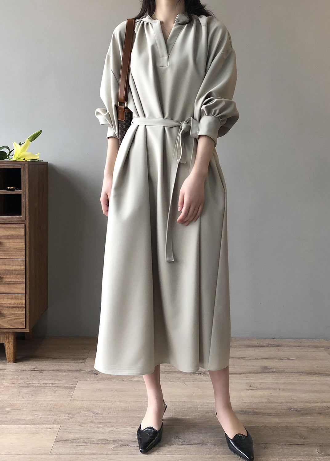 Elegant Apricot V Neck Tie Waist Cotton Long Dress Fall AF1069