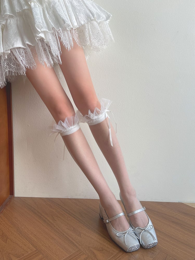 Details Bowknot Stockings White Tulle Ruffled Underknee