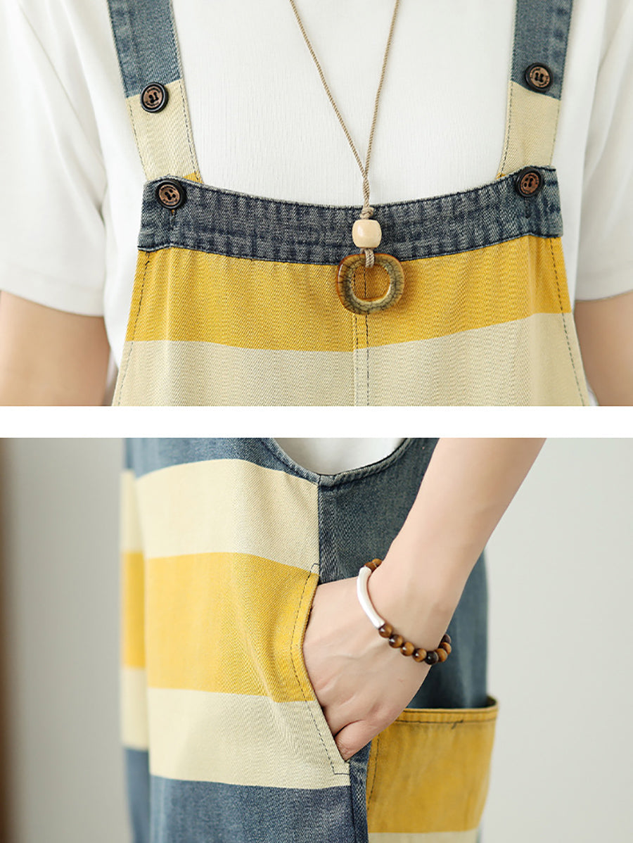Jumpsuits Stripe Colorblock Summer Women Denim Loose