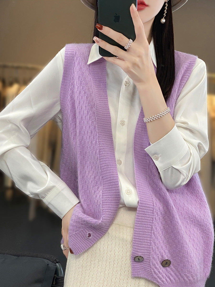 Women Casual Wool Solid V-Neck Irregular Hem Knit Vest AX1079