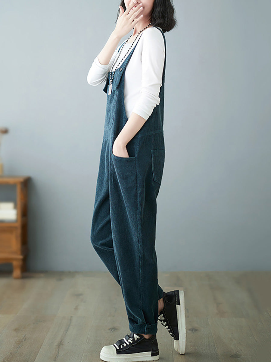 Women Casual Autumn Solid Corduroy Loose Jumpsuits AH1009