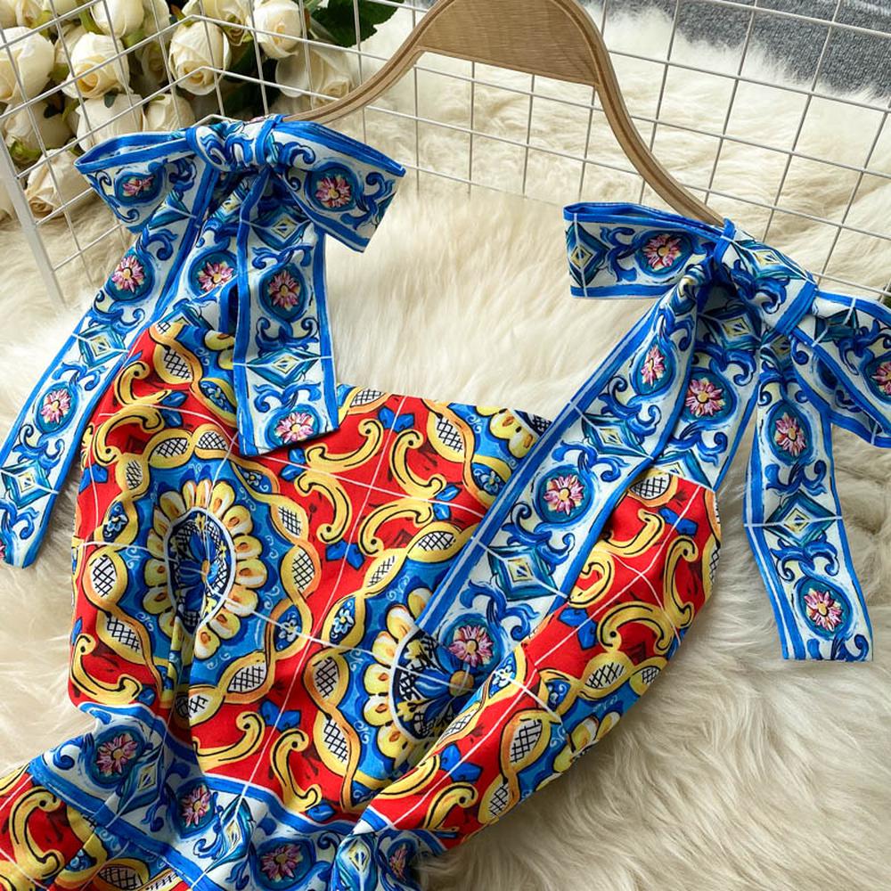 Retro Blue Square Neck Contrast Color Print Bow Decor Strap Ruffled Hem Dress