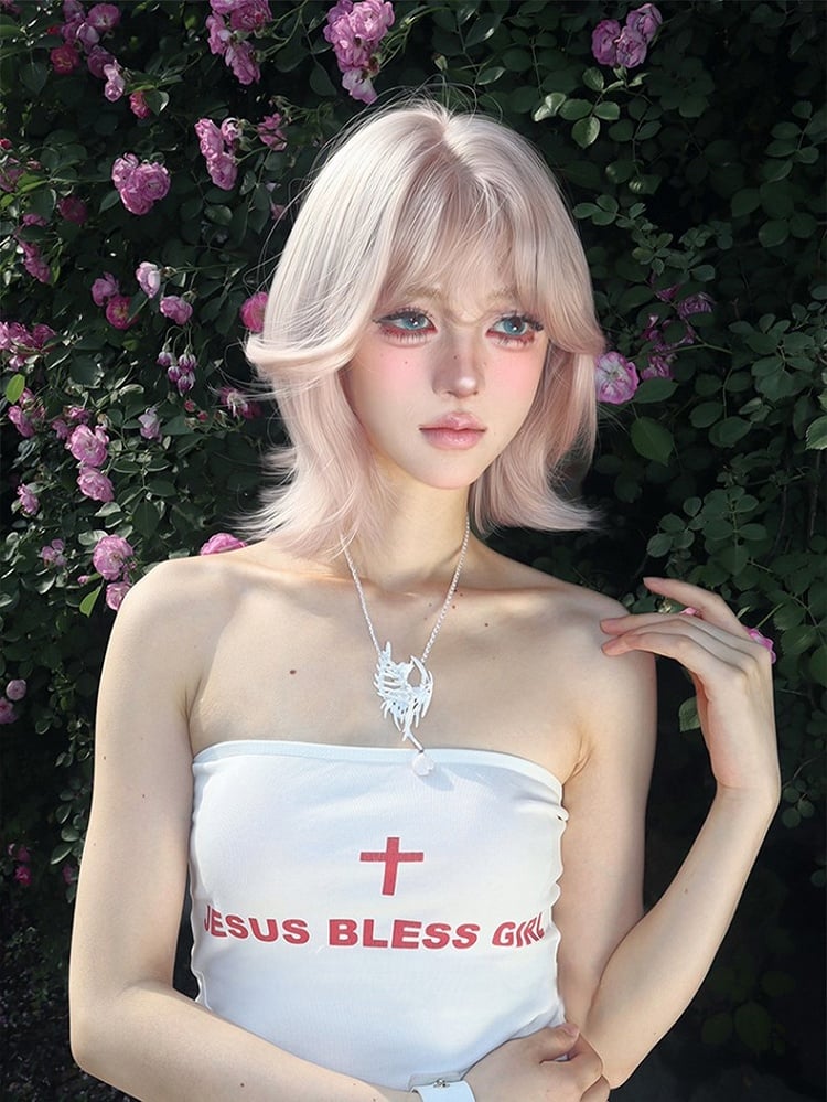 Wig With Bangs Curtain 35CM Length Light Pink Short