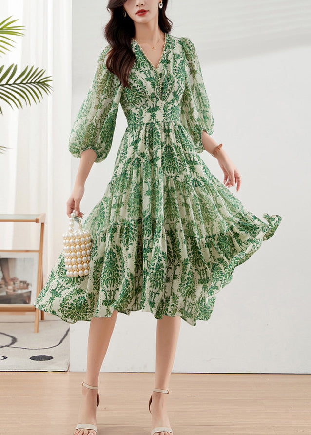 Bracelet V Vacation Handmade Green Print Chiffon Dresses Neck