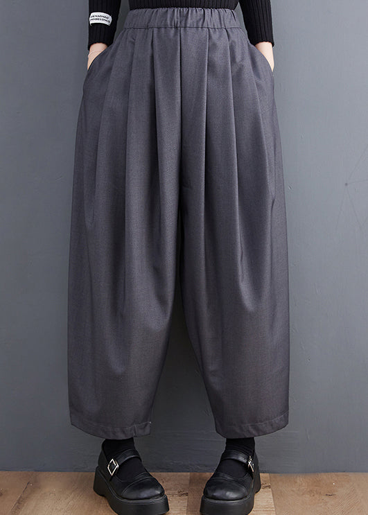 Crop Pants Waist Casual Spring Cotton Grey Pockets Elastic