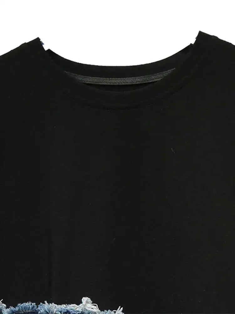 Short Street Sleeve O-neck Denim Patchwork White Hem T-Shirt