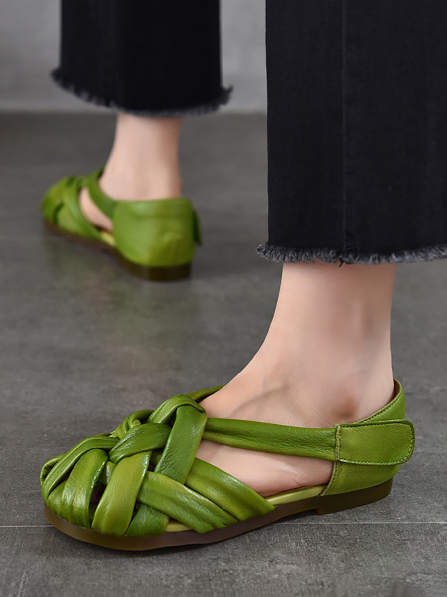 Shoes Flat Leather Genuine Retro Summer Weave Women