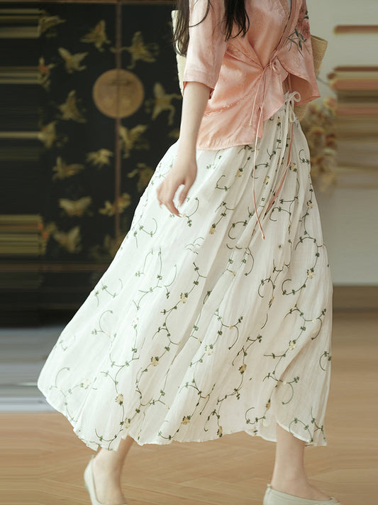 Women Summer Flower Thin Strap Linen Skirt RR1014