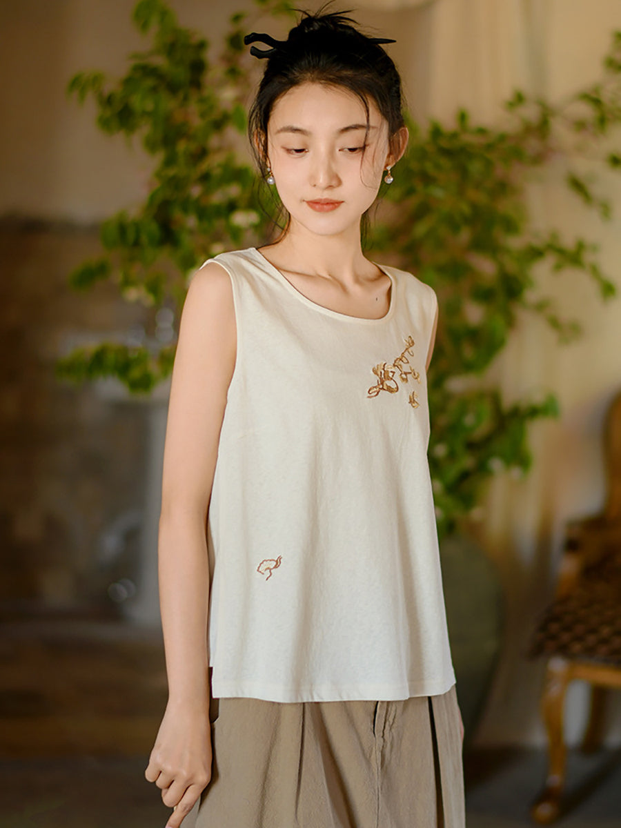 Women Summer Artsy Rmboidery O-Neck Cotton Vest PP1042