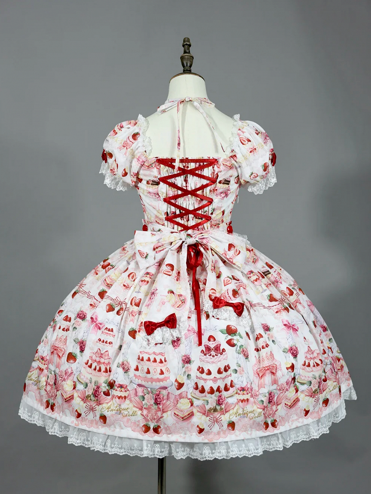 / White Lolita Print Accents Strawberry Bow Sweet Full Dress Cake Set
