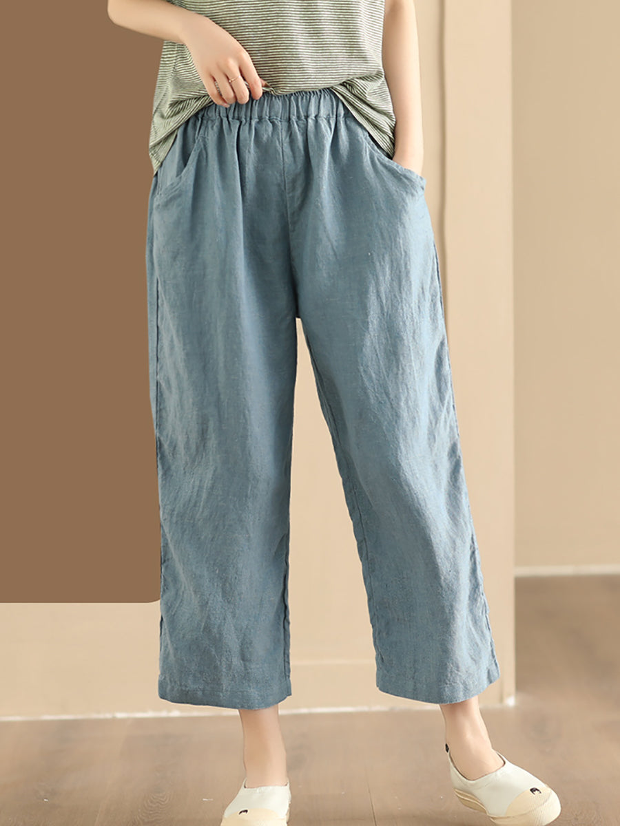 Women Summer Vintage Solid Linen Wide-leg Pants AA1017