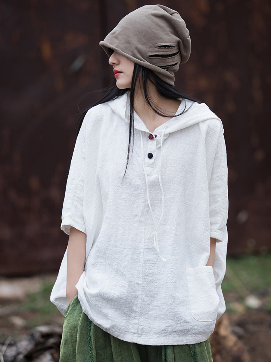 Women Summer Retro Solid Loose Hooded Ramie Shirt CC045