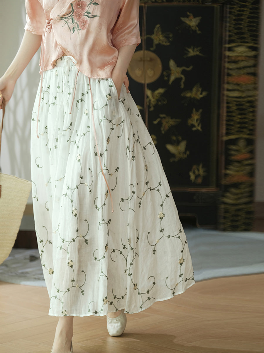 Women Summer Flower Thin Strap Linen Skirt RR1014