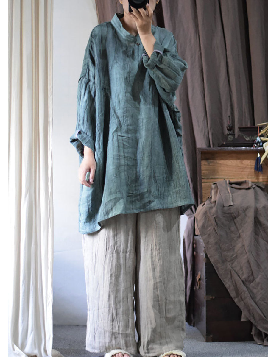 Women Vintage Solid Linen Loose Long Blouse KL1033