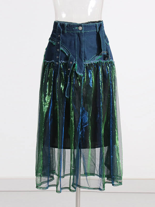 Denim A-Line Green Belted Skirt High Tulle Waisted Shiny Chic