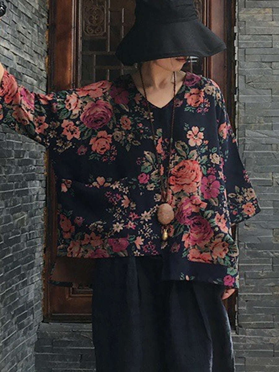 Plus Size Floral V-neck Long Sleeve Cotton Blouse Shirt OO1030