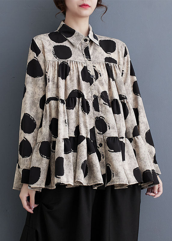 Plus Size Black Peter Pan Collar Dot Wrinkled Cotton Shirts Fall RY023