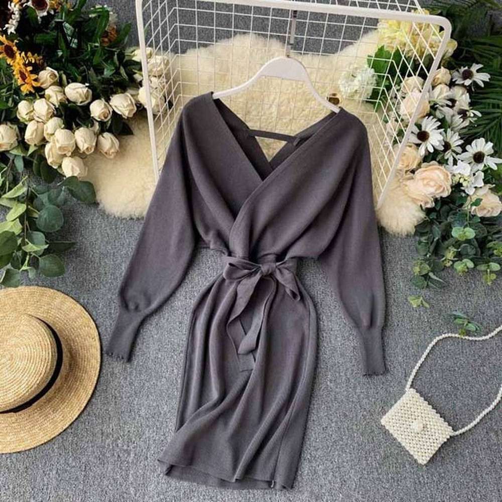 Elegant Beige V Neck Tie Waist Long Batwing Sleeve Dress