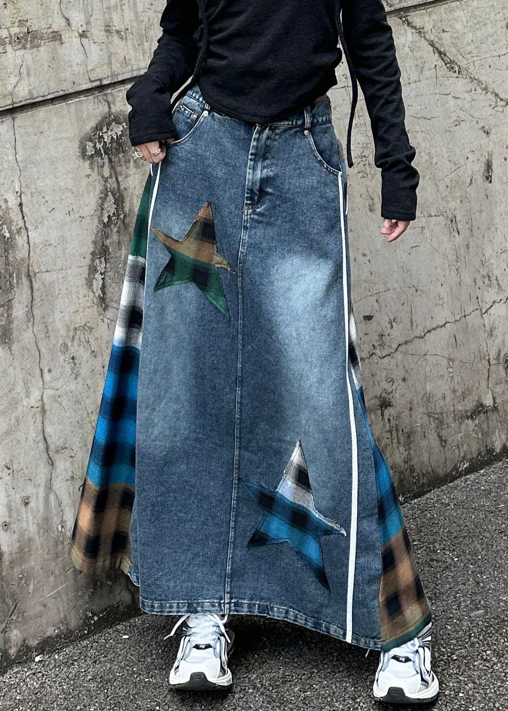 Spring Patchwork Plaid High Denim Waist Blue Loose Skirt