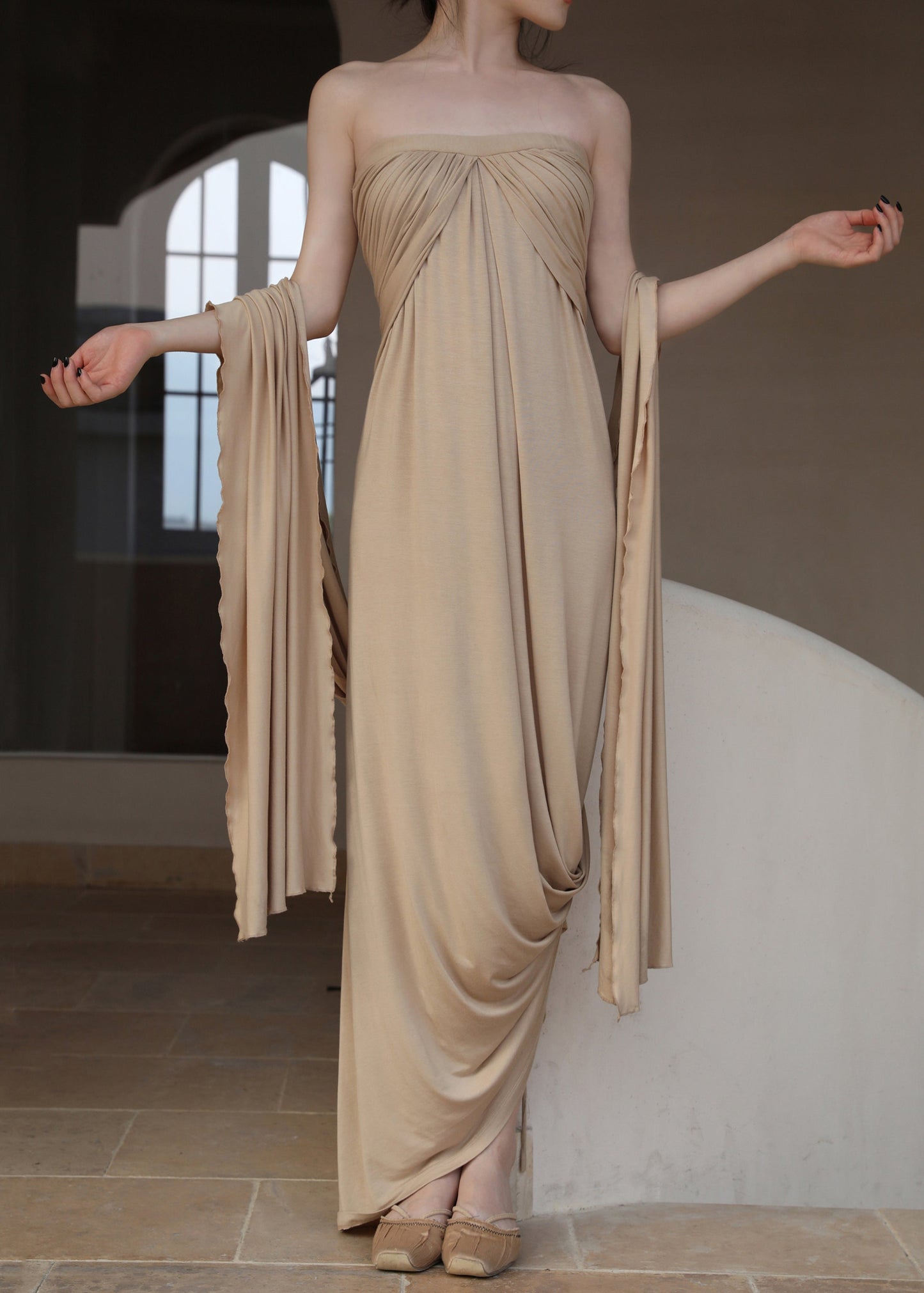 French Wrinkled Dresses Cotton Shoulder The Khaki Off Long