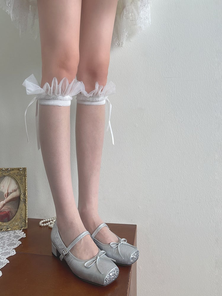Details Bowknot Stockings White Tulle Ruffled Underknee