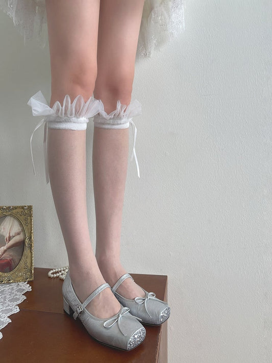 Details Bowknot Stockings White Tulle Ruffled Underknee