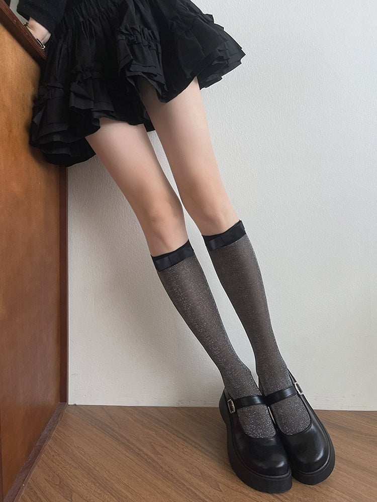 Grey/Black Bowknot Underknee Details Semi-sheer Light Stockings