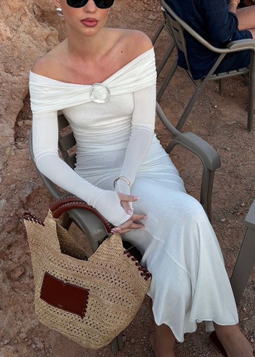 Open White Slash Slim Neck Fit Dresses Cotton Long Spring Side