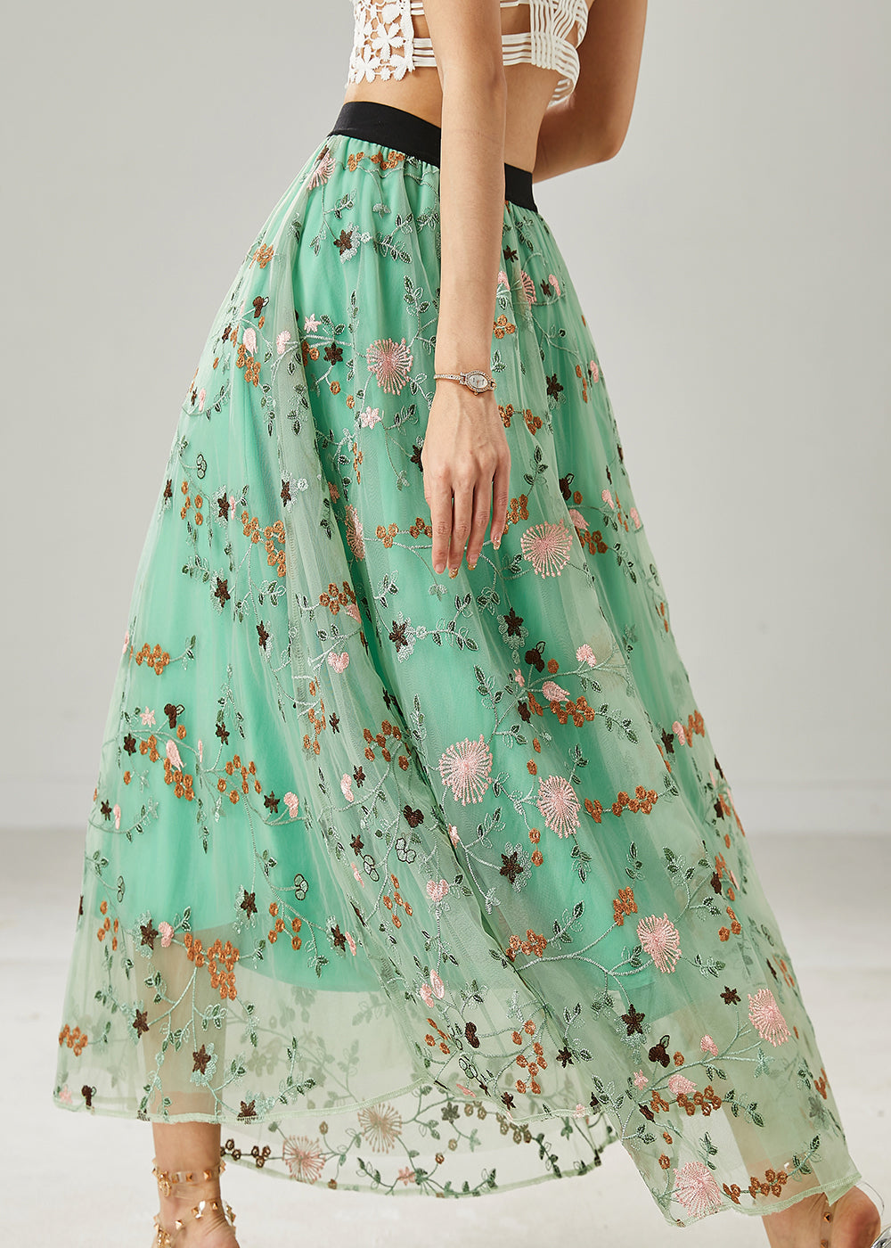 Italian Green Embroidered Tulle Skirts Summer AZ1044