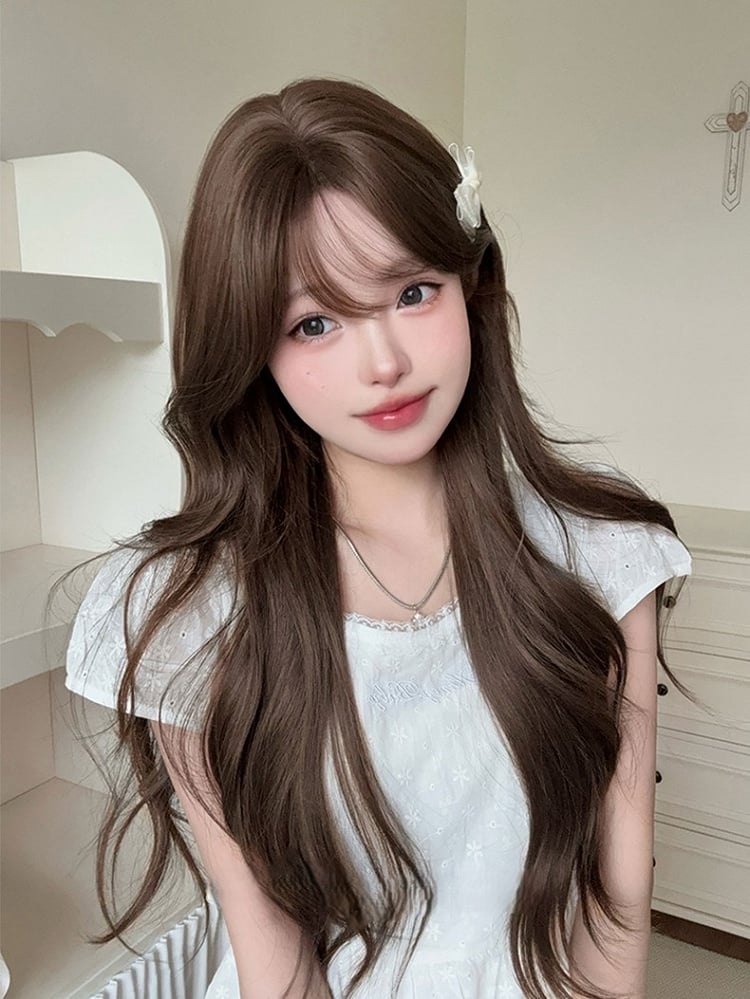 Bangs 71CM Brown Length Wig Wavy With Air