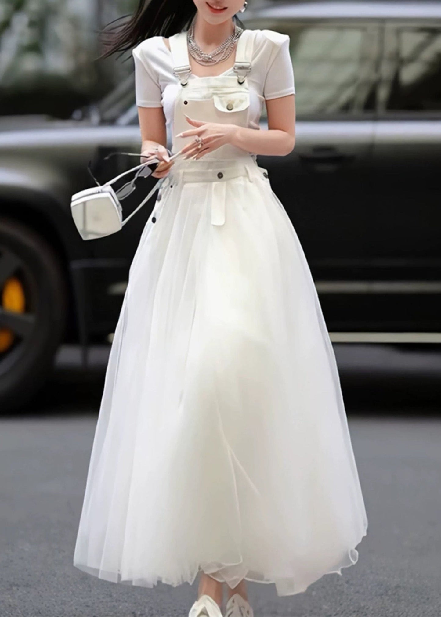 Distinctive Dress Patchwork Denim Strap Summer White Tulle