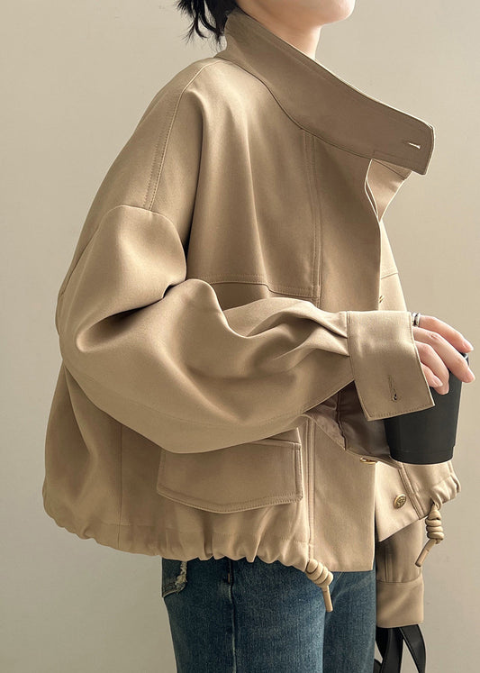 Casual Khaki Stand Collar Drawstring Cotton Coat Outwear Fall AF1013