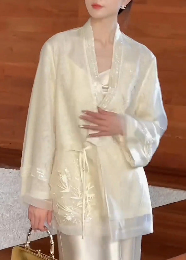 Beige Silk Up Embroidered Vintage Cardigan V Lace Neck Spring