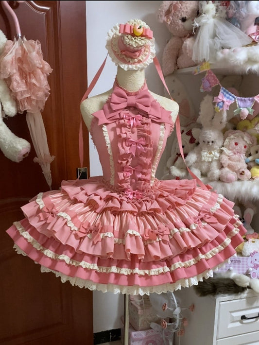 Dress Lolita Idol Accents Pink Rose Ruffle Bow Tiered Neck Sweet Halter Skirt