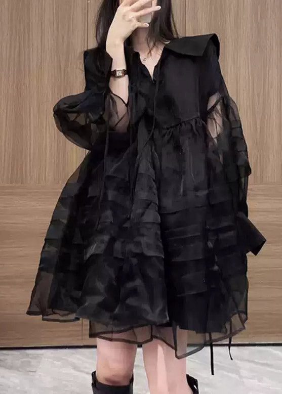 Patchwork Long V Tulle Dresses French Mid Neck Sleeve Black