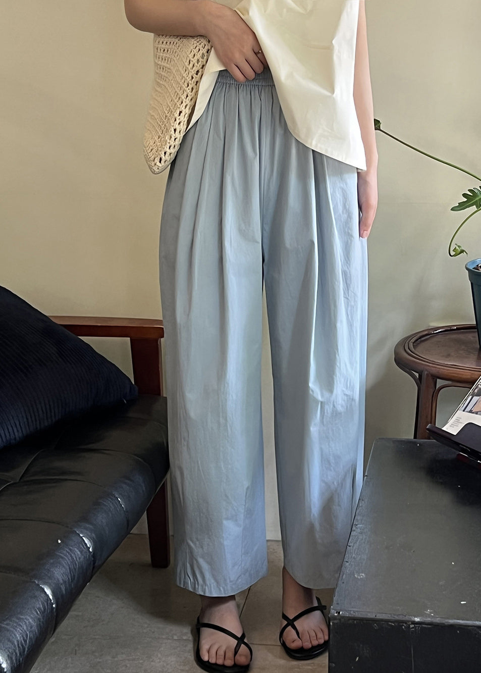 Cotton Waist Solid Elastic Summer Crop Pants Loose Blue