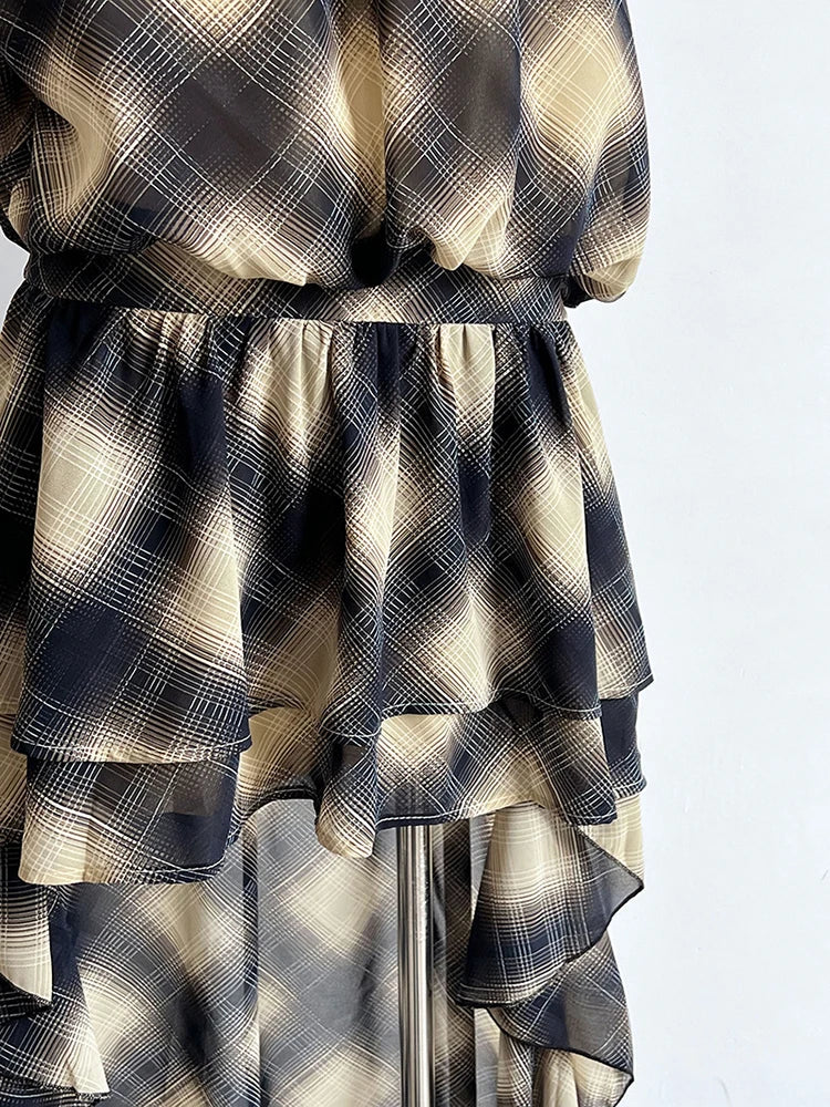 Khaki Top Plaid Asymmetric Halter Sleeveless Neck Uniaue High-Low