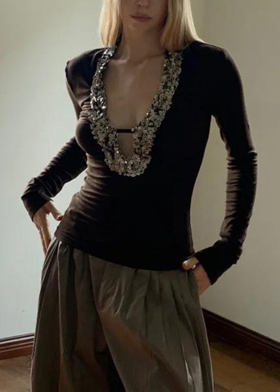 Sequins Boho U Spring Silk Top Neck Coffee