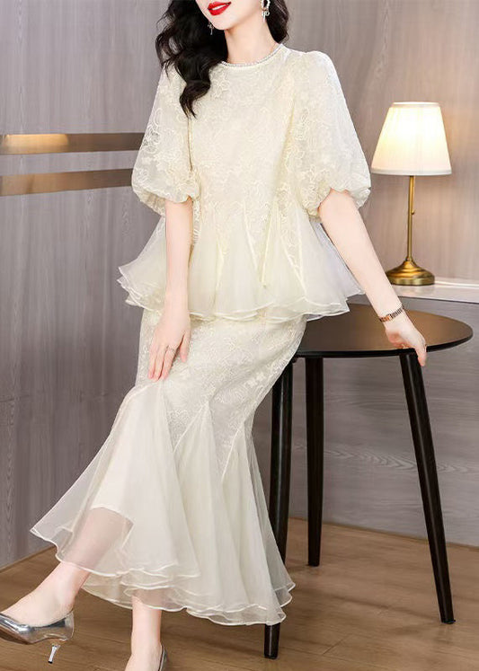 Two Skirt And Tops Fishtail Silk Beige Embroidered Chic Pieces