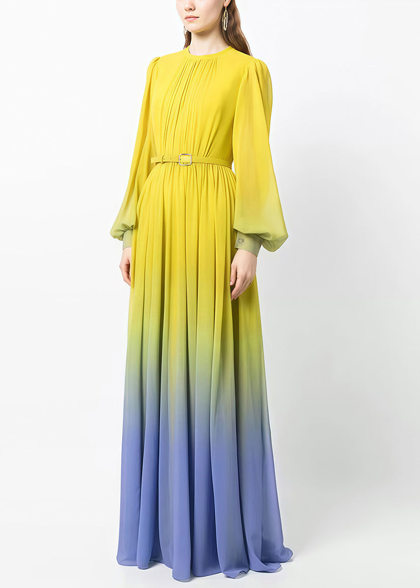 Fall Dress Button Chiffon Wrinkled Gradient Italian Ankle Color