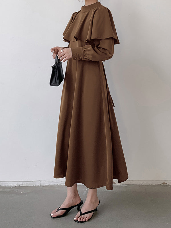 Waist Neck Ruffle A-Line Mock Elegant Tied Trim Long Coffee