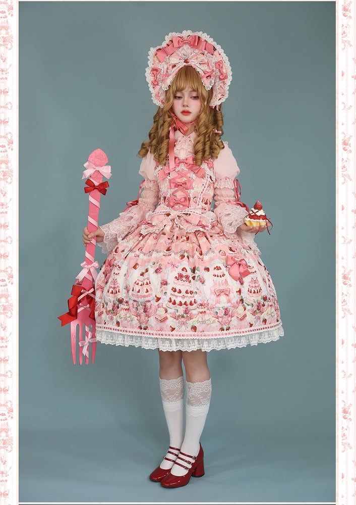 JSK Sweet Lolita Pink Desserts Set / Print and Full Bow Strawberry Accents