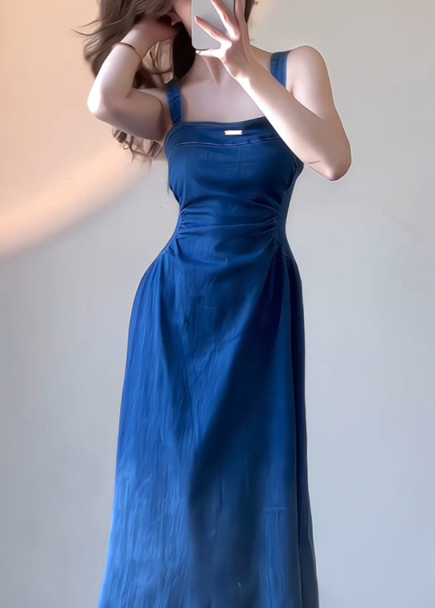 Fit Slim Dress Summer Spaghetti Denim Strap Blue Boutique