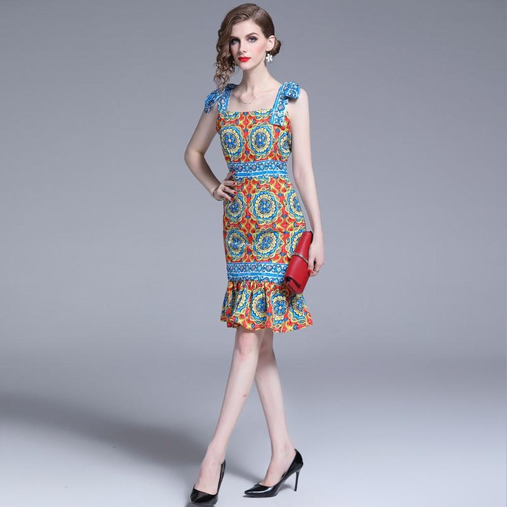 Retro Blue Square Neck Contrast Color Print Bow Decor Strap Ruffled Hem Dress